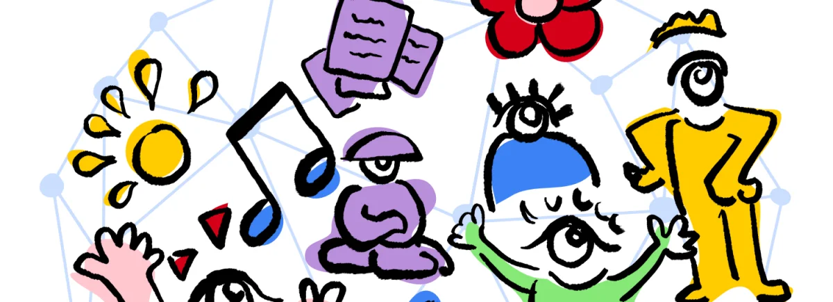 Illustrazione colorata con personaggi, musica e messaggi